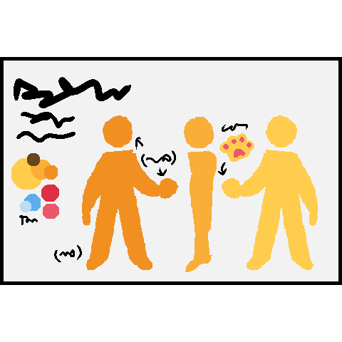 a rectangular refsheet with a white background, a turn-around of a yellow figure from three different angles and different degrees of shading, a color palette, a paw, and a bunch of black squiggles around it to represent text